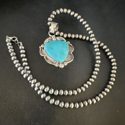 Navajo Kingman Turquoise Pendant Necklace | Sterling Silver Pearls | Authentic Native American Handmade | 15215