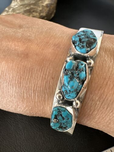 Blue Kingman Turquoise 3 Stone Cuff Bracelet | Navajo Sterling Silver | Authentic Native American Handmade | 15045