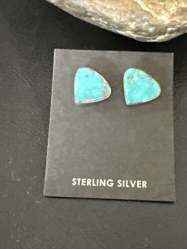 Navajo Blue Kingman Turquoise Post Stud Earrings | Sterling Silver | Authentic Native American Handmade | 17480