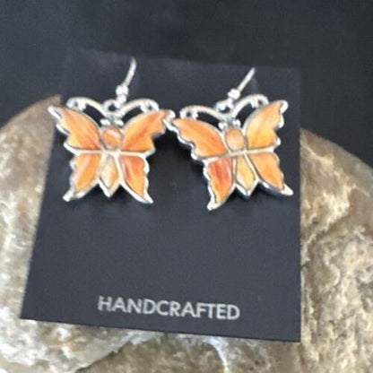 Navajo Butterfly Orange Spiny Oyster Inlay Earrings | Sterling Silver | Authentic Native American Handmade | 16523