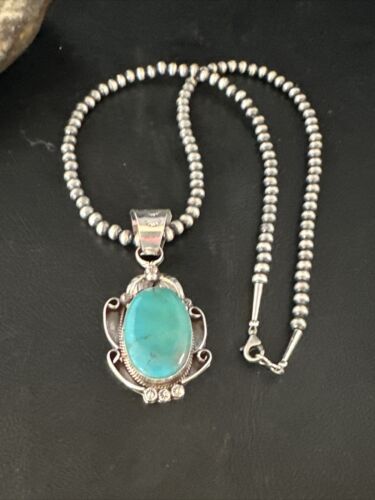 Navajo Pearls Blue Turquoise Necklace Pendant | Sterling Silver | Authentic Native American Handmade | 14878