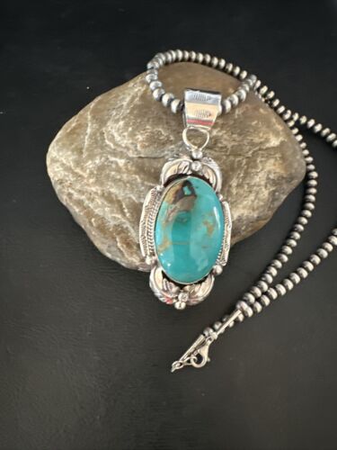 Navajo Pearls Necklace with Blue Turquoise Pendant | Sterling Silver | Authentic Native American Handmade | 14879