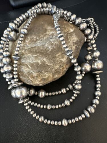 Navajo Pearls Mixed Bead Bib Necklace | Sterling Silver | 3-Strand | 20" | Authentic Native American Handmade | 14954