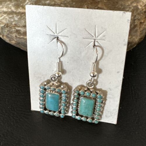 Navajo Blue Turquoise Dangle Earrings | Sterling Silver | Authentic Native American Handmade | 15439