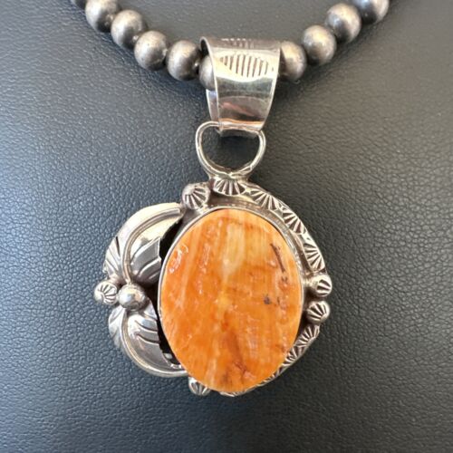 Women's Orange Spiny Oyster Pendant | Navajo Pearls Sterling Silver Necklace 21" | 16555