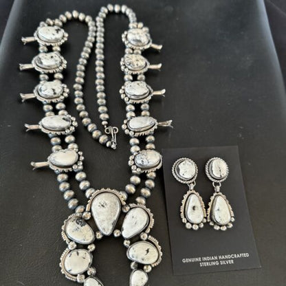 Navajo White Buffalo Turquoise Pendant Earrings | Sterling Silver Squash Blossom Necklace | 17443