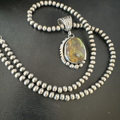 Navajo Green Gaspeite Pendant Necklace | Sterling Silver | Authentic Native American Handmade | 17425
