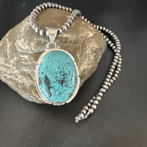 Men's Navajo Blue Spiderweb Turquoise Pendant Necklace | Sterling Silver | Authentic Native American Handmade | 16200