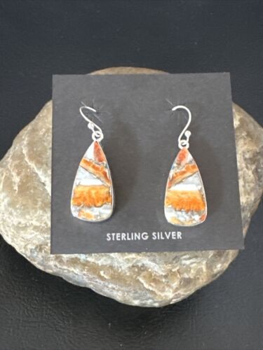 Navajo Blue Turquoise & Orange Spiny Oyster Inlay Dangle Earrings | Sterling Silver | 15583