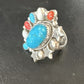 Navajo Coral Mother of Pearl Turquoise Multi-Stone Adjustable Ring | Authentic Native American Sterling Silver | Multi-Stone | 15331