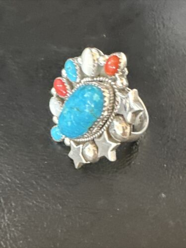 Navajo Coral Mother of Pearl Turquoise Multi-Stone Adjustable Ring | Authentic Native American Sterling Silver | Multi-Stone | 15331