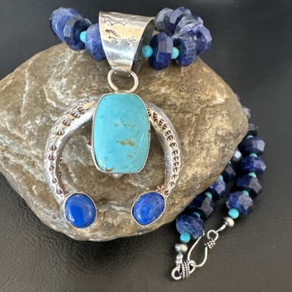 Navajo Blue Denim Lapis Turquoise Naja Pendant Necklace | Sterling Silver | Native American Handmade | 16320