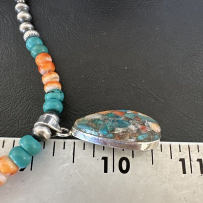 Navajo Spiny Turquoise Pendant Necklace | Sterling Silver | 22" | Authentic Native American Handmade | 17413