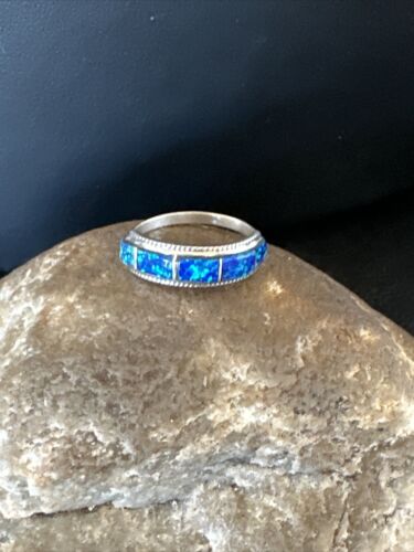 Navajo Blue Opal Inlay Ring | Sterling Silver | Sz 7.5 | Authentic Native American Handmade | 16433