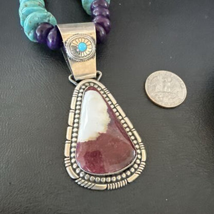 Navajo XL Turquoise Purple Spiny Oyster Pendant Necklace | Sterling Silver | Authentic Native American Handmade | 25" | 17464