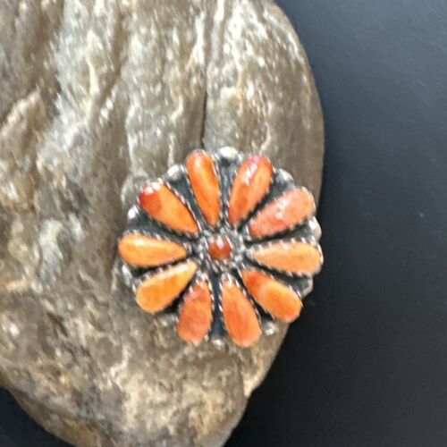 Navajo Orange Spiny Oyster Cluster Ring | Authentic Native American Sterling Silver | Multi-Stone | Sz 8 | 16331
