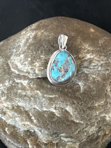 Navajo Blue Bisbee Turquoise Pendant | Sterling Silver | 1" | Authentic Native American Handmade | 17253