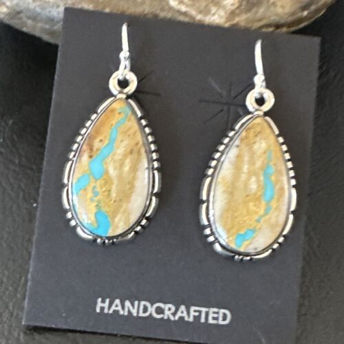 Navajo Blue Boulder Turquoise Dangle Earrings | Sterling Silver | Authentic Native American Handmade | 16497