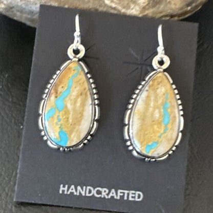 Navajo Blue Boulder Turquoise Dangle Earrings | Sterling Silver | Authentic Native American Handmade | 16497