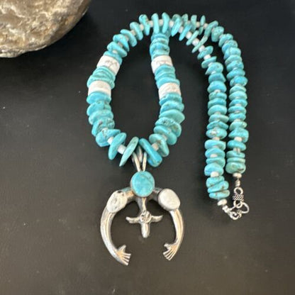Navajo White Buffalo Blue Turquoise Naja Pendant | Sterling Silver Necklace | Authentic Native American Handmade | 15026