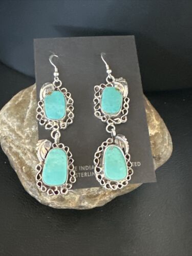 Navajo Blue Kingman Turquoise Dangle Earrings | Sterling Silver | Authentic Native American Handmade | 15188