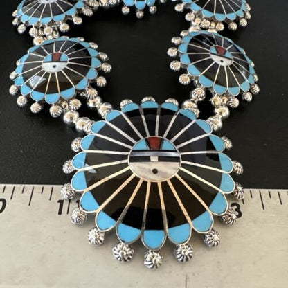 Zuni Ultra Rare Sunface Onyx Turquoise Inlay Squash Blossom Necklace Bracelet | Sterling Silver | 16679