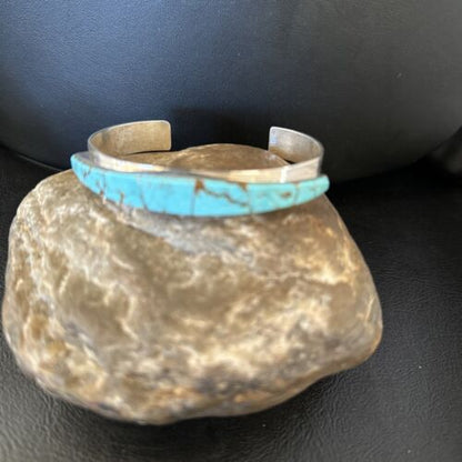 Navajo Men's Blue #8 Turquoise Inlay Bracelet | Sterling Silver | Authentic Native American Handmade | 15066