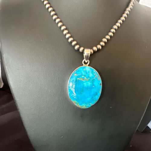 Navajo Blue Kingman Turquoise Pendant Necklace | Sterling Silver | 20" | Authentic Native American Handmade | 16675
