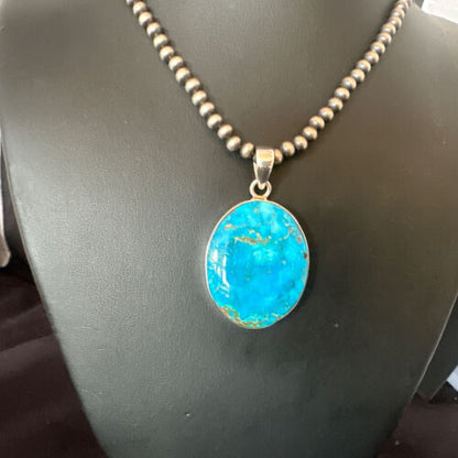 Navajo Blue Kingman Turquoise Pendant Necklace | Sterling Silver | 20" | Authentic Native American Handmade | 16675