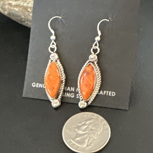 Navajo Orange Spiny Oyster Dangle Earrings | Sterling Silver | Authentic Native American Handmade | 17276