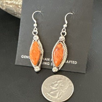 Navajo Orange Spiny Oyster Dangle Earrings | Sterling Silver | Authentic Native American Handmade | 17276