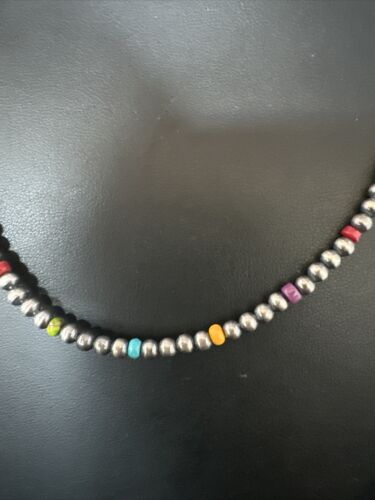 Navajo Multi-Color 4mm Sterling Silver Pearls Necklace | 24" Single Strand | Hook Eye | Authentic Native American Handmade | 94324