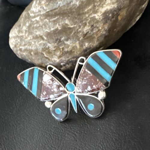 Zuni Butterfly Wild Horse Turquoise Onyx Inlay Pin Pendant | Sterling Silver | Authentic Native American Handmade | 15152
