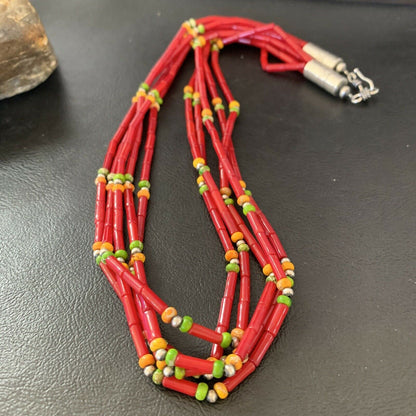 Navajo Red Coral Spiny Turquoise Bead Necklace with Pendant | Sterling Silver | 21" | 10923