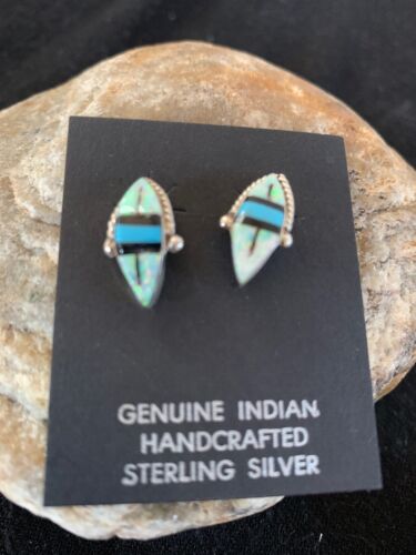 Navajo Turquoise White Opal Onyx Inlay Earrings | Sterling Silver | Authentic Native American Handmade | 13050
