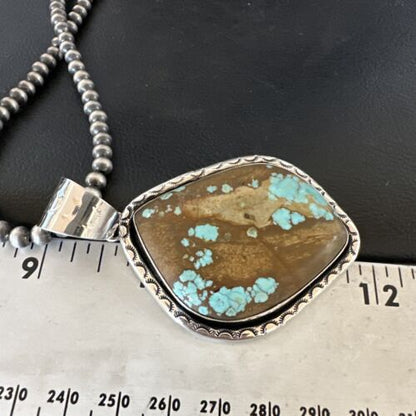Navajo Blue Turquoise #8 Pendant | Sterling Silver Necklace with Pearls | Authentic Native American Handmade | 16349