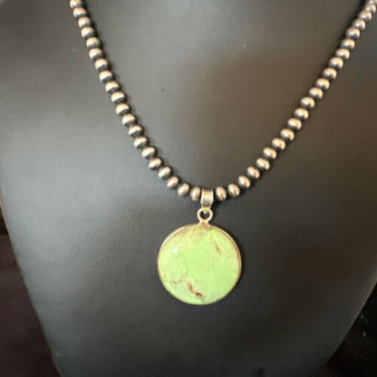 Navajo Green Gaspeite Pendant Necklace | Sterling Silver | Authentic Native American Handmade | 15491 - Masha USA