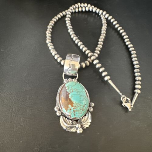 Men's Blue #8 Turquoise Pendant Necklace | Navajo Sterling Silver | Authentic Native American Handmade | 14975