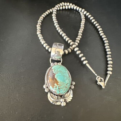 Men's Blue #8 Turquoise Pendant Necklace | Navajo Sterling Silver | Authentic Native American Handmade | 14975