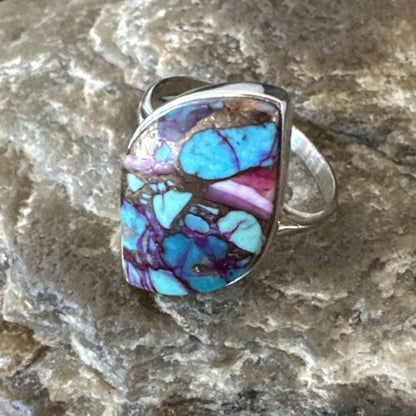 Navajo Blue Turquoise Purple Spiny Oyster Ring | Sterling Silver | Sz 8 | Authentic Native American Handmade | 16625