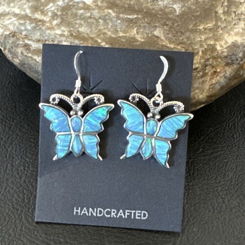 Butterfly Blue Opal Inlay Dangle Earrings | Sterling Silver | Authentic Native American Handmade | 16526