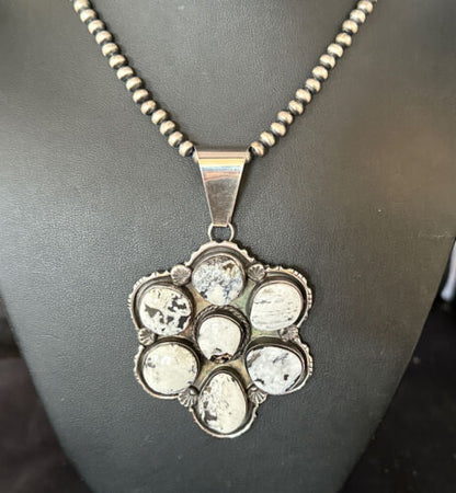Navajo White Buffalo Turquoise Sterling Silver Pendant Necklace | Multi-Stone | 14898