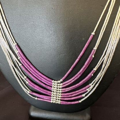 Navajo Sugilite 10-Strand Sterling Liquid Silver Tube Heishi Necklace 22" | Handmade | 16318