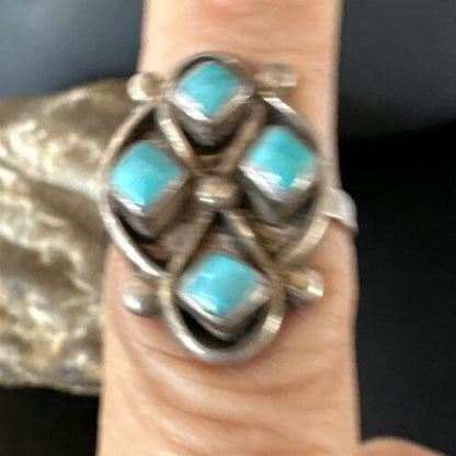 Navajo Blue Kingman Turquoise Cluster Ring | Authentic Native American Sterling Silver | Multi-Stone | Sz 5 | 15357