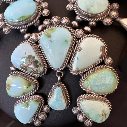 Royston Turquoise Navajo Squash Blossom Necklace & Earrings | Sterling Silver | Native American Handmade | 16536