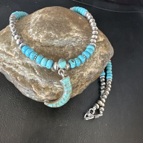 Navajo Blue Turquoise Inlay Pendant | Sterling Silver Necklace | Authentic Native American Handmade | 15422