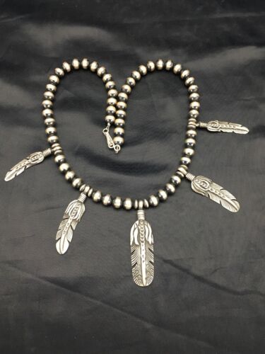 Navajo Pearls Feather Pendant Necklace | Sterling Silver | 16" | Authentic Native American Handmade | 17533