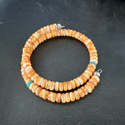 Navajo Orange Spiny Oyster Blue Turquoise Bracelet | 6mm Memory Wire Steel | Authentic Native American Handmade | 17621