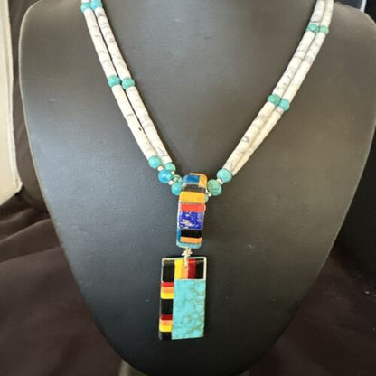 Santo Domingo Multi-Color Turquoise Necklace with Inlay Pendant | Sterling Silver | 24" | 16857 - Masha USA