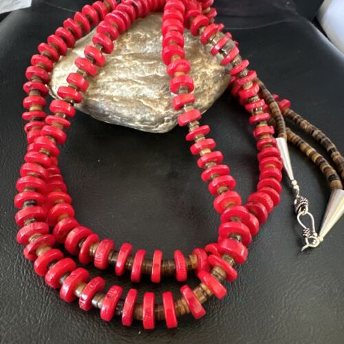 Navajo Red Coral Shell Bead Necklace | Sterling Silver | 30" | Authentic Native American Handmade | 15283